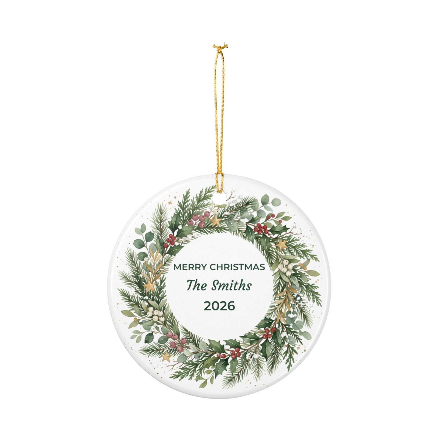 Personalized Ceramic Christmas Ornament – Green Holiday Wreath, 'Merry Christmas The Smiths'