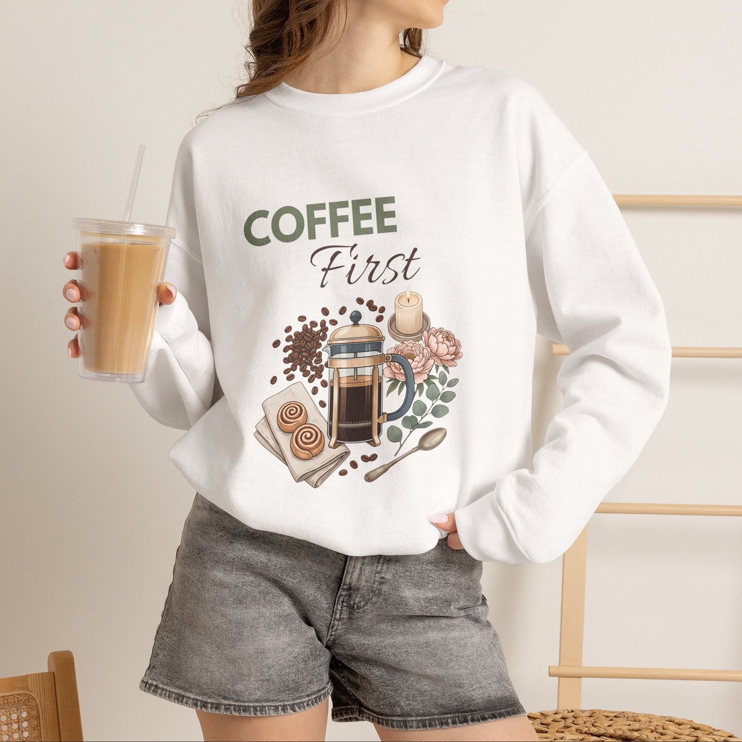 Coffee First Sweatshirt — Cozy Café Graphic Crewneck for Coffee Lovers