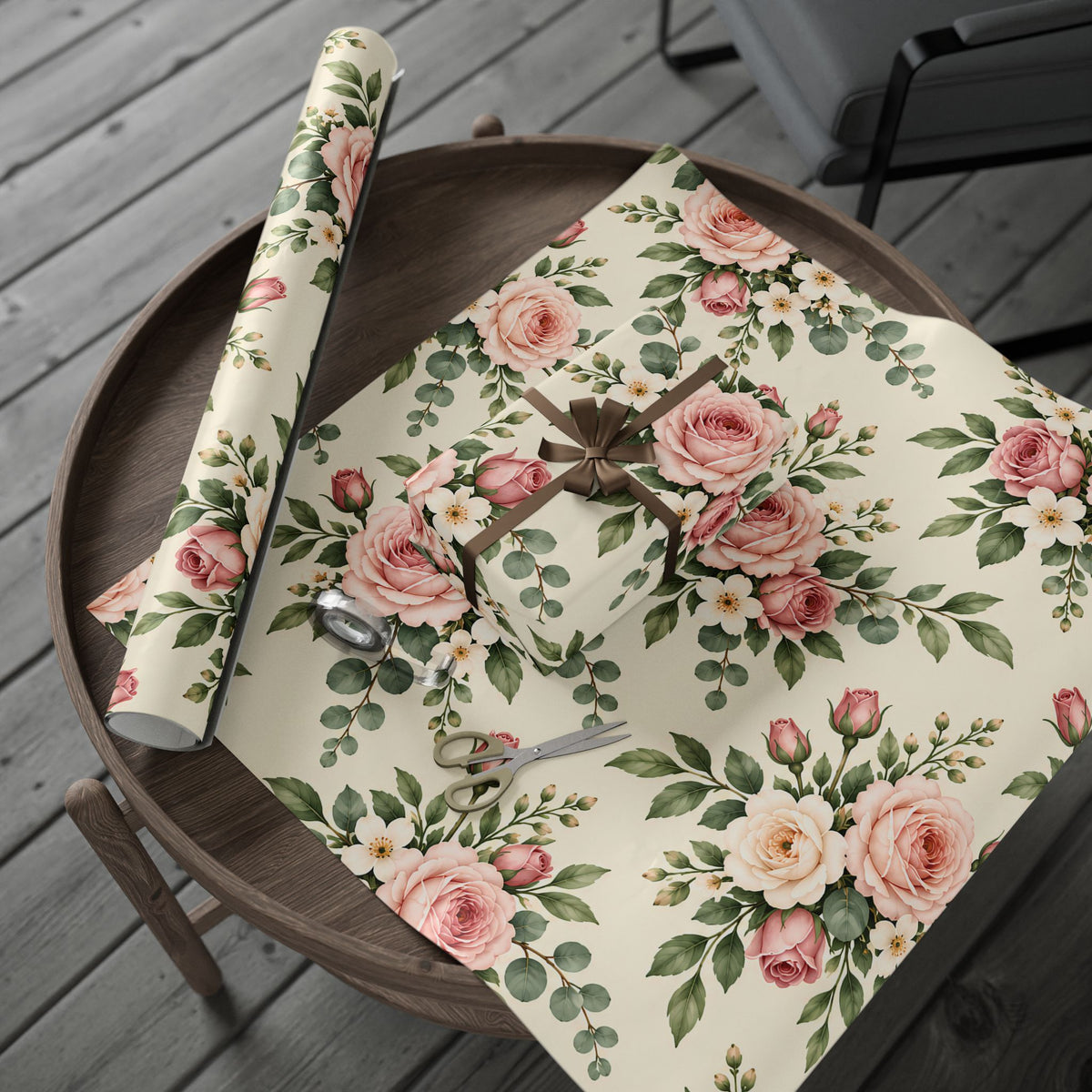Floral Rose Wrapping Paper Roll — Vintage Pink Garden Gift Wrap