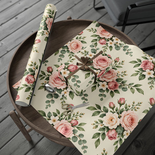 Floral Rose Wrapping Paper Roll — Vintage Pink Garden Gift Wrap