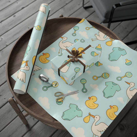Baby Shower Wrapping Paper – Storks, Ducks & Baby Essentials on Sky Blue