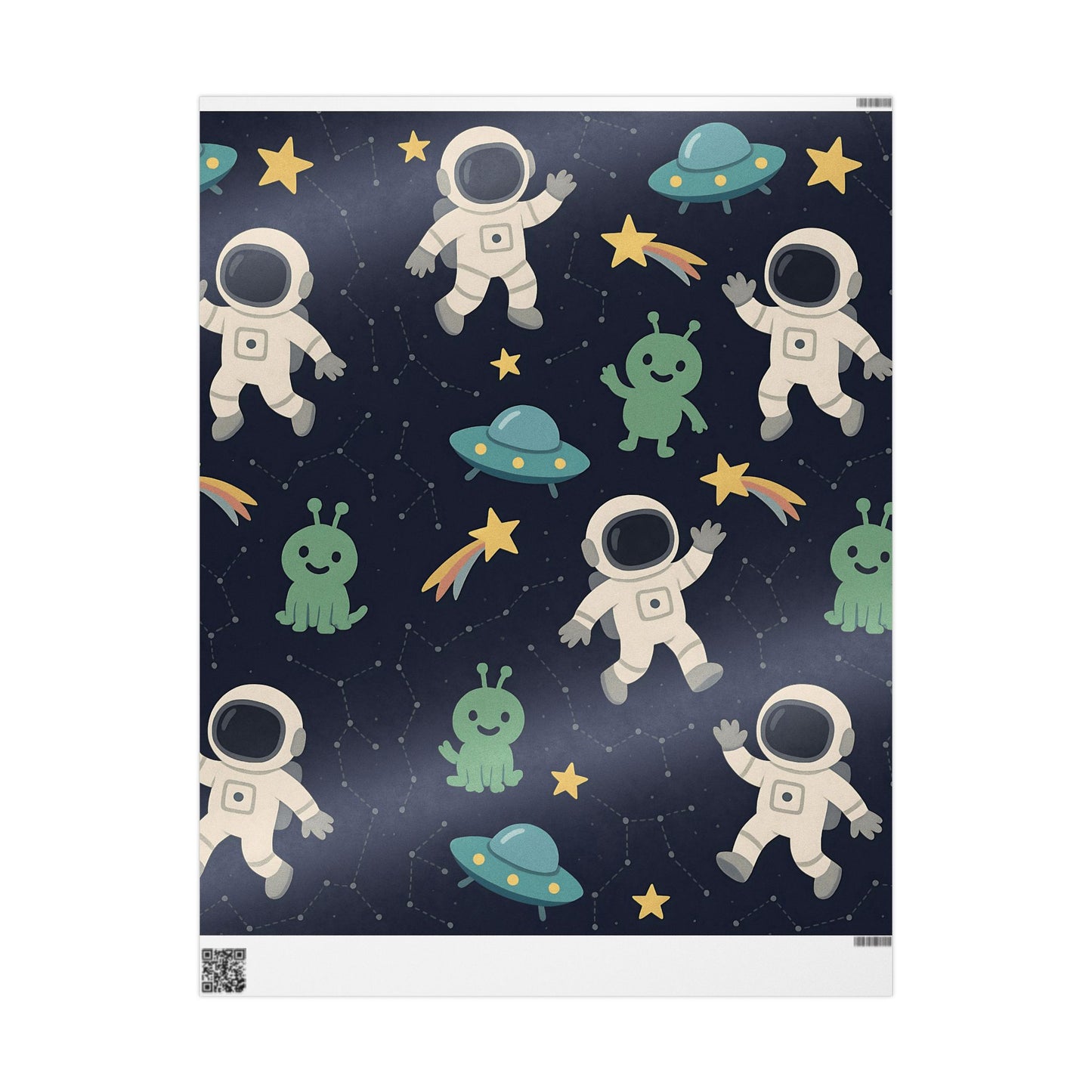 Space Explorers Wrapping Paper – Astronauts, Aliens & UFOs on Navy Starry Sky