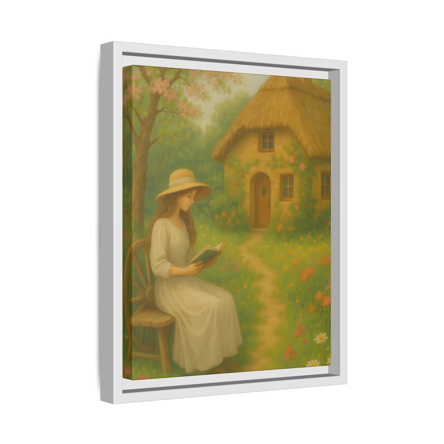 Cottage Garden Reader – Framed Matte Canvas Wall Art of Woman Reading by a Thatched Cottage