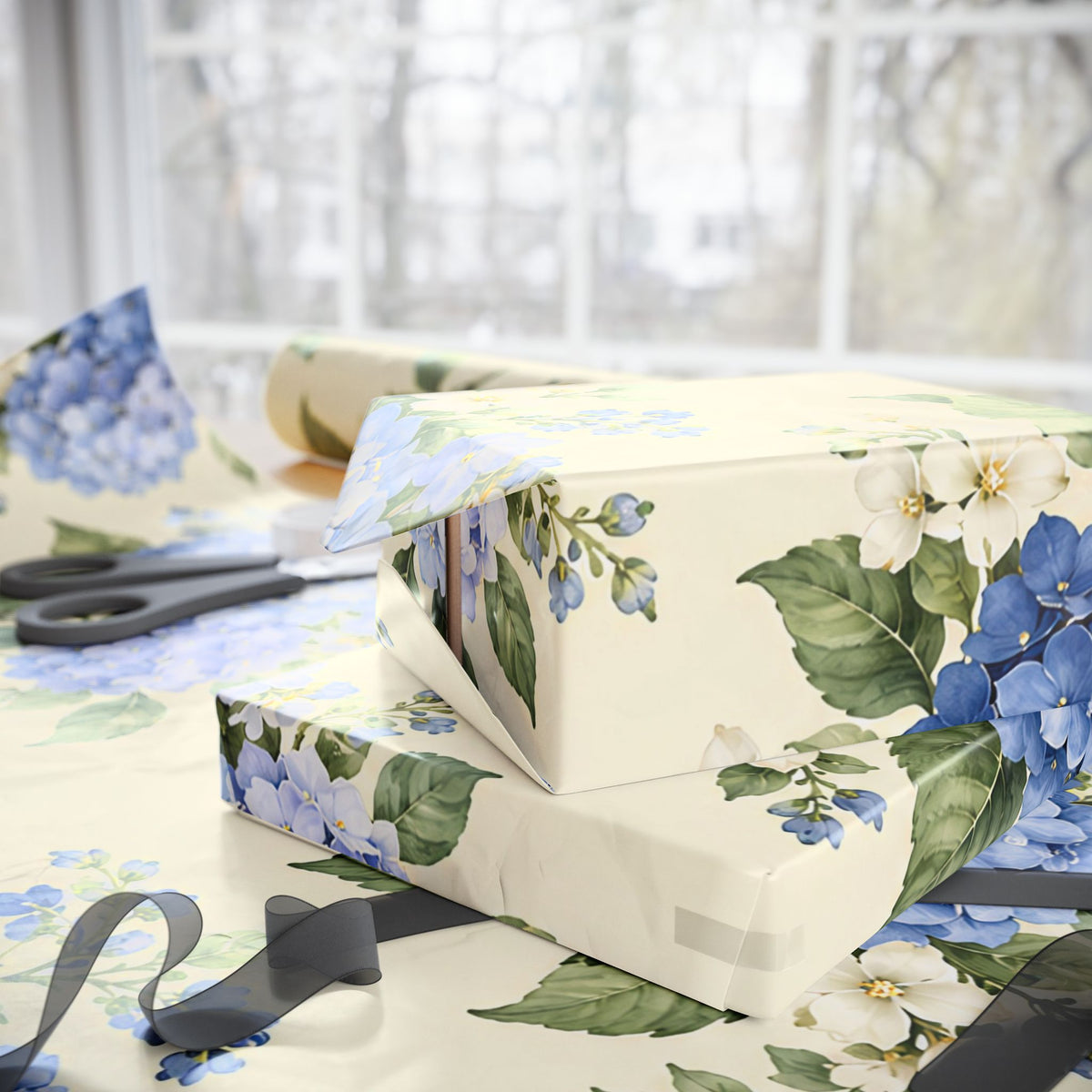 Floral Hydrangea Wrapping Paper Roll — Blue Vintage Flower Gift Wrap