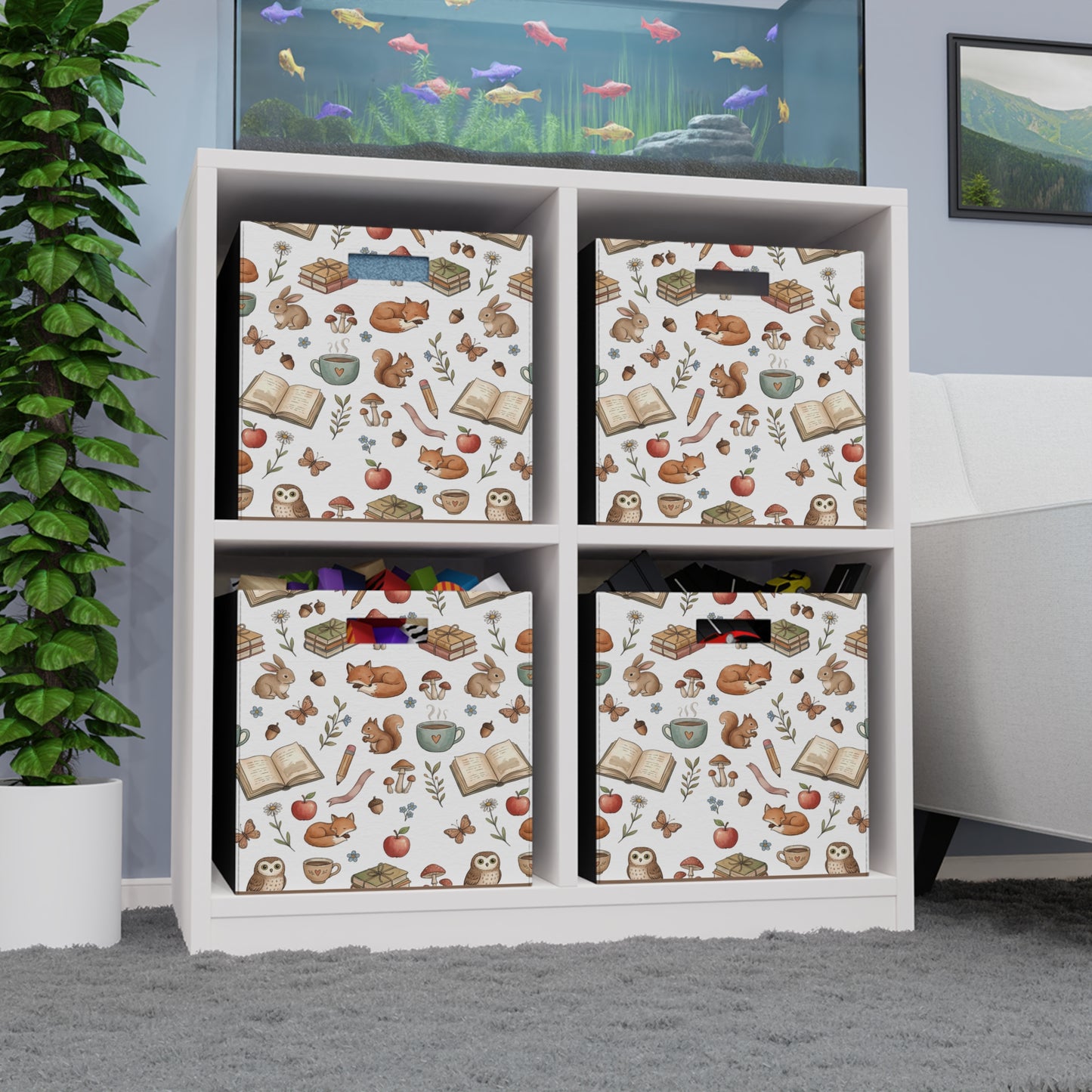 Felt Storage Box — Cozy Woodland Book & Tea Pattern Organizer
