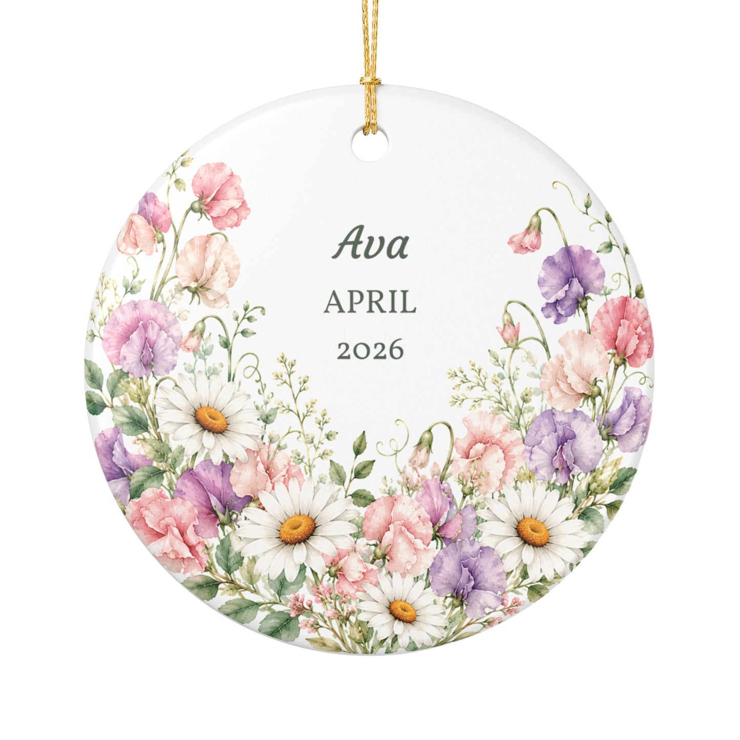 Personalized Floral Ceramic Ornament — Custom Name & Year (Daisies & Pastel Bouquet)