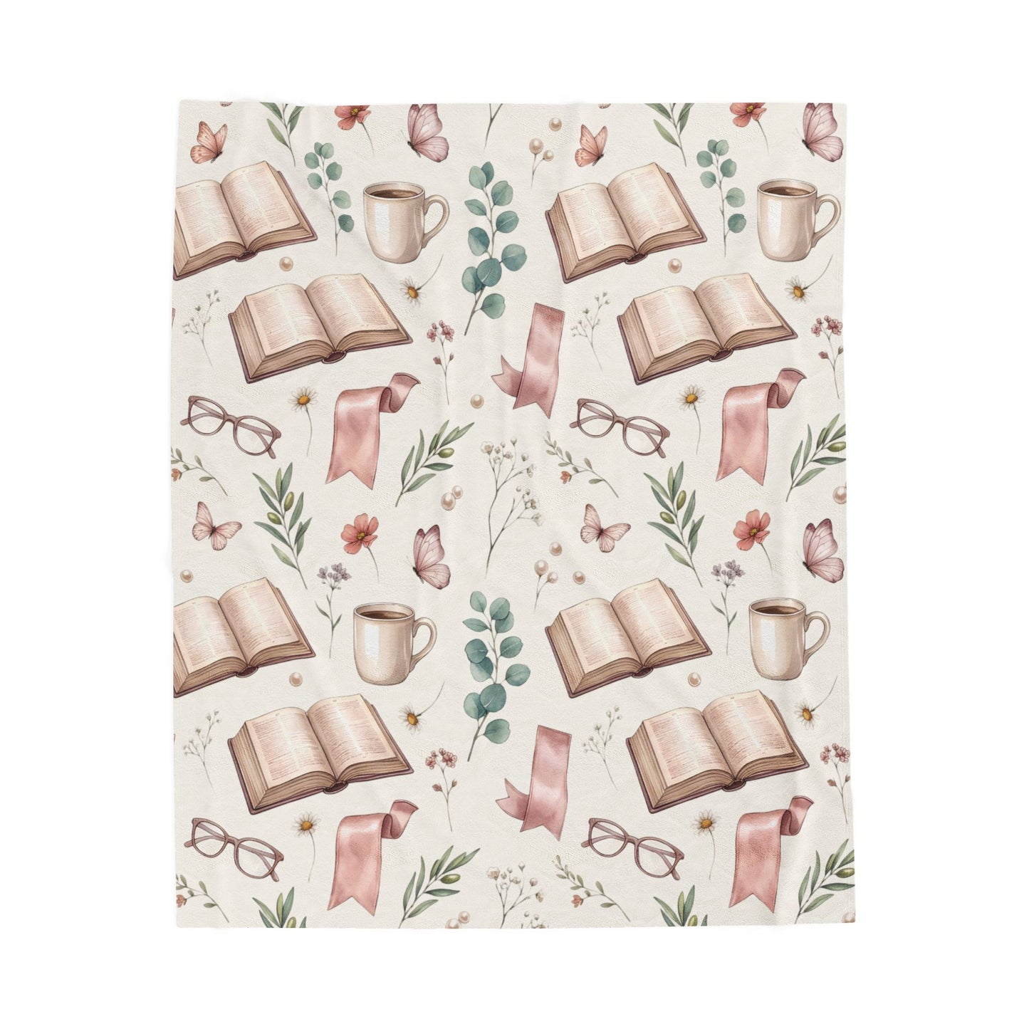 Cozy Reading Velveteen Blanket – Book, Mug & Floral Pattern Plush Throw
