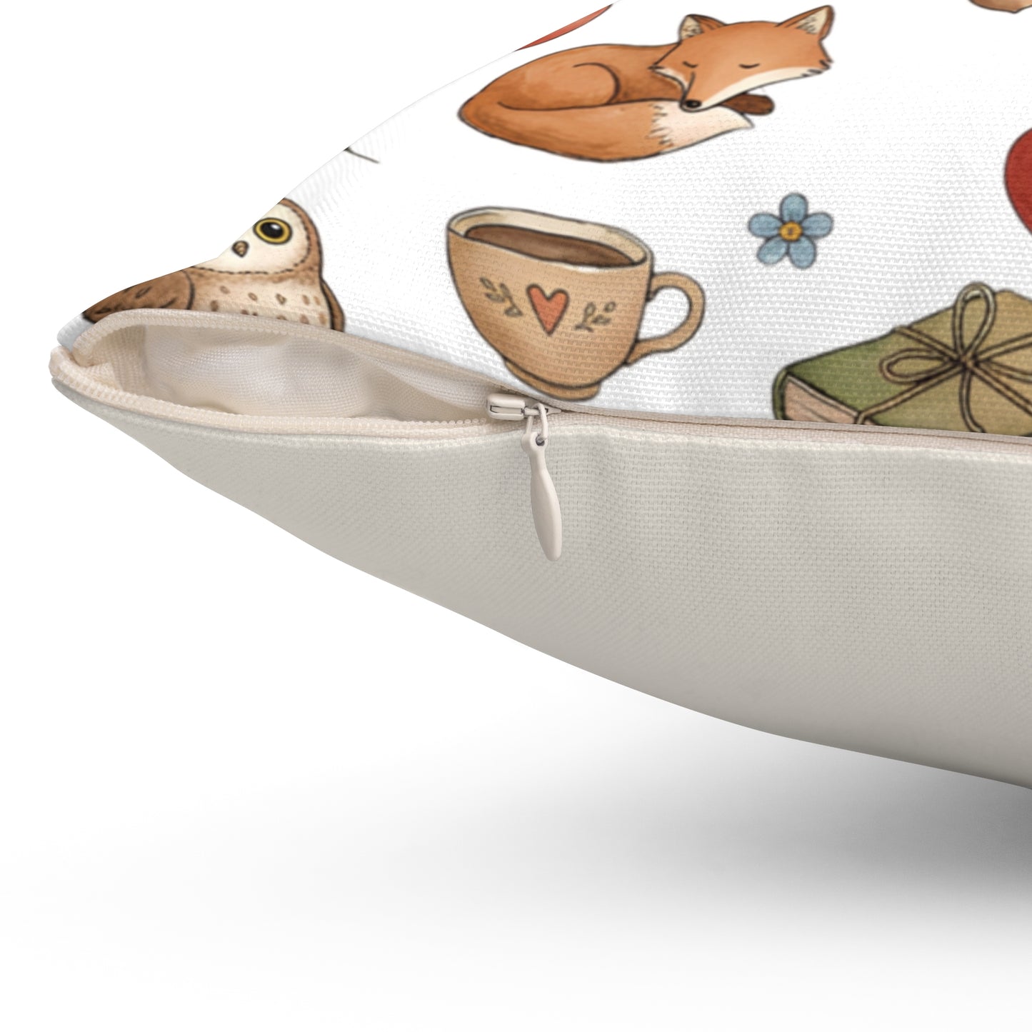 Cozy Woodland Reading Pillow — Fox & Squirrel Autumn Pattern Square Pillow