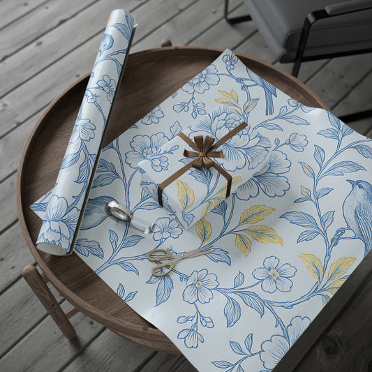 Blue Bird & Floral Wrapping Paper – Elegant Nature-Inspired Gift Wrap in Glossy or Matte Finish