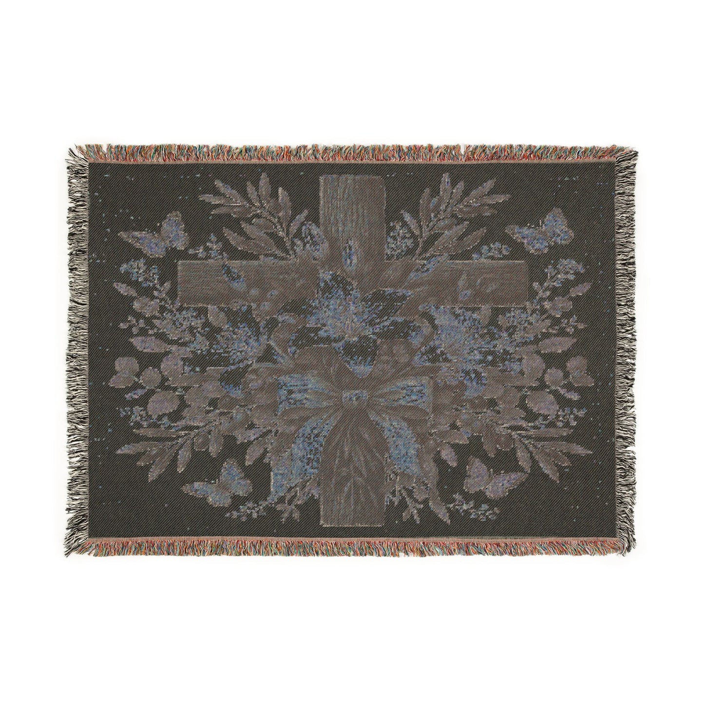 Woven Blanket — Floral Cross Tapestry Throw (Easter / Religious Home Décor)