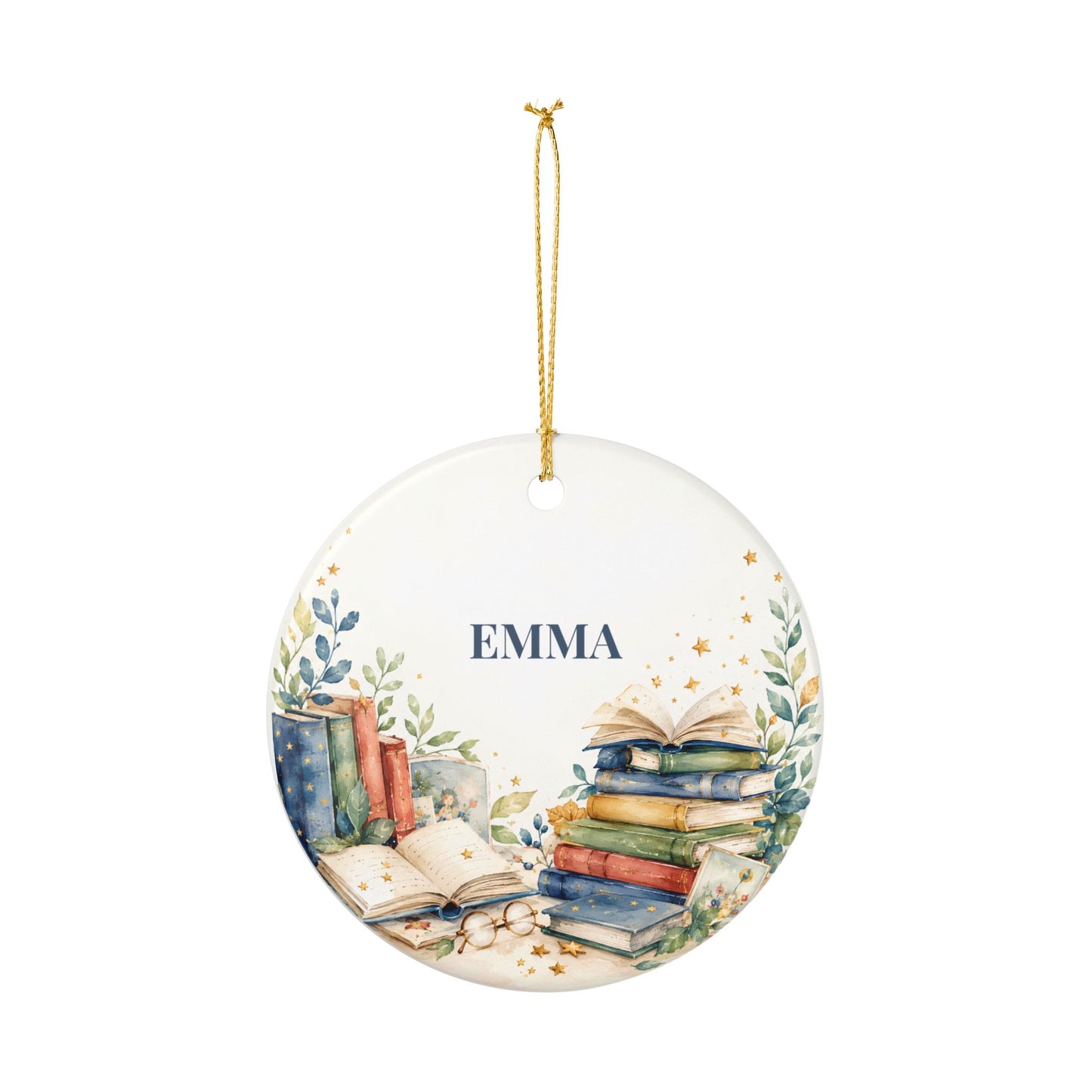 Personalized Book Lover Ceramic Ornament - Custom Name Bookstack Decoration