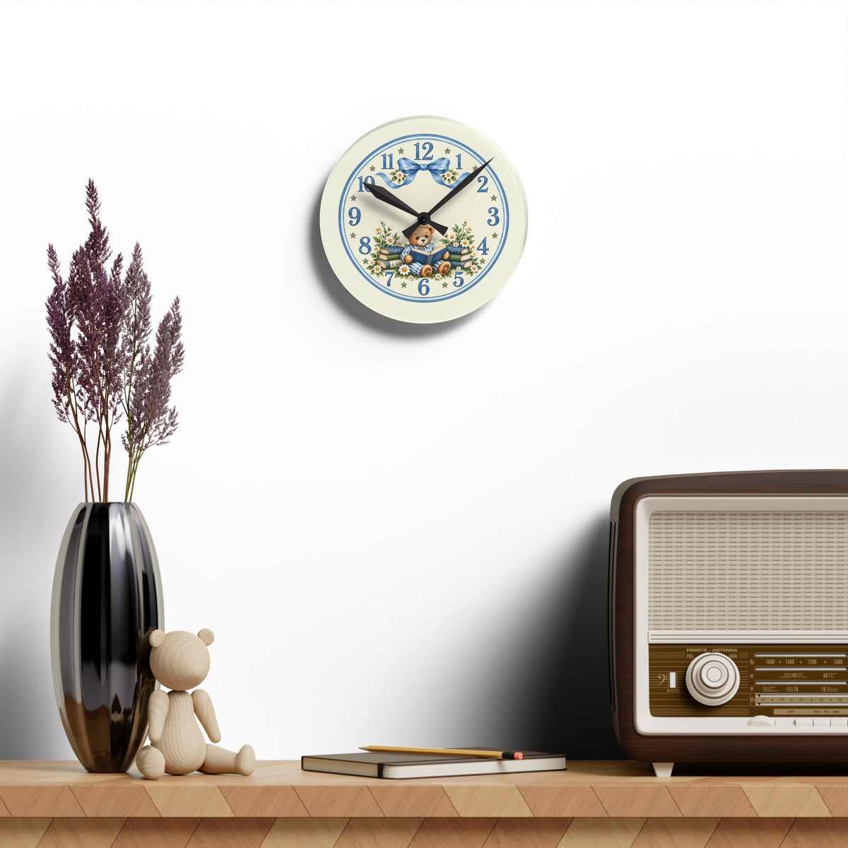 Vintage Teddy Bear Floral Acrylic Wall Clock