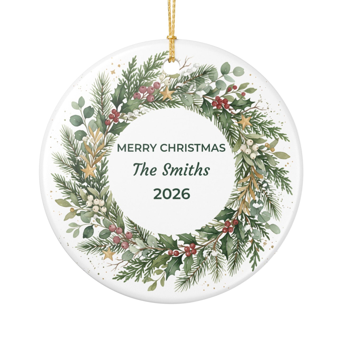 Personalized Ceramic Christmas Ornament – Green Holiday Wreath, 'Merry Christmas The Smiths'