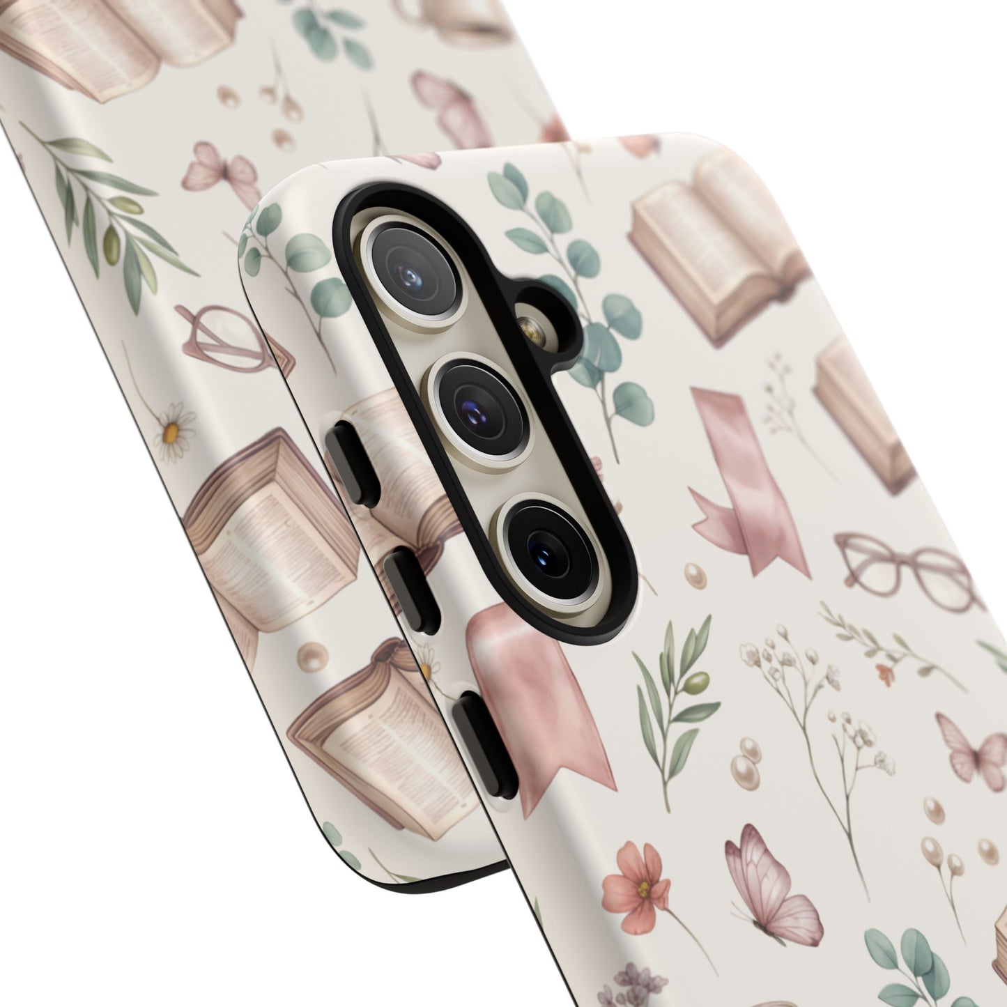Bookish Floral Phone Case — Cozy Reading Pattern with Open Books, Glasses & Coffee