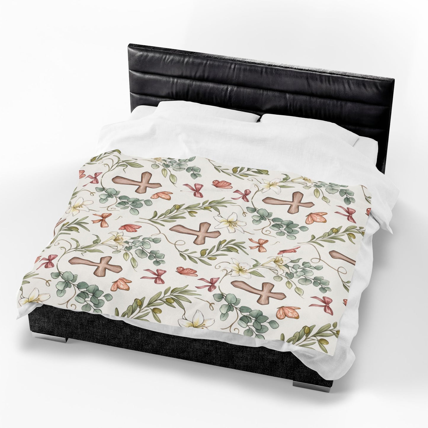 Religious Floral Cross Velveteen Plush Blanket — Soft Christian Comfort Throw
