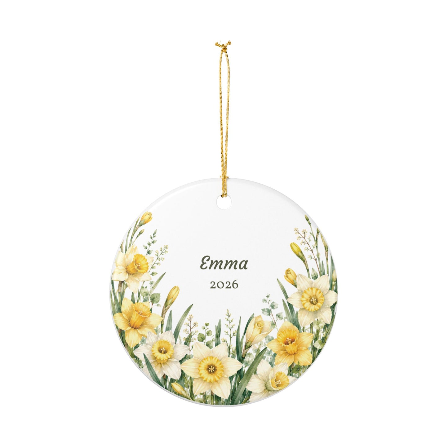 Personalized Daffodil Ceramic Ornament – Name & Year Keepsake (e.g., Emma 2026)