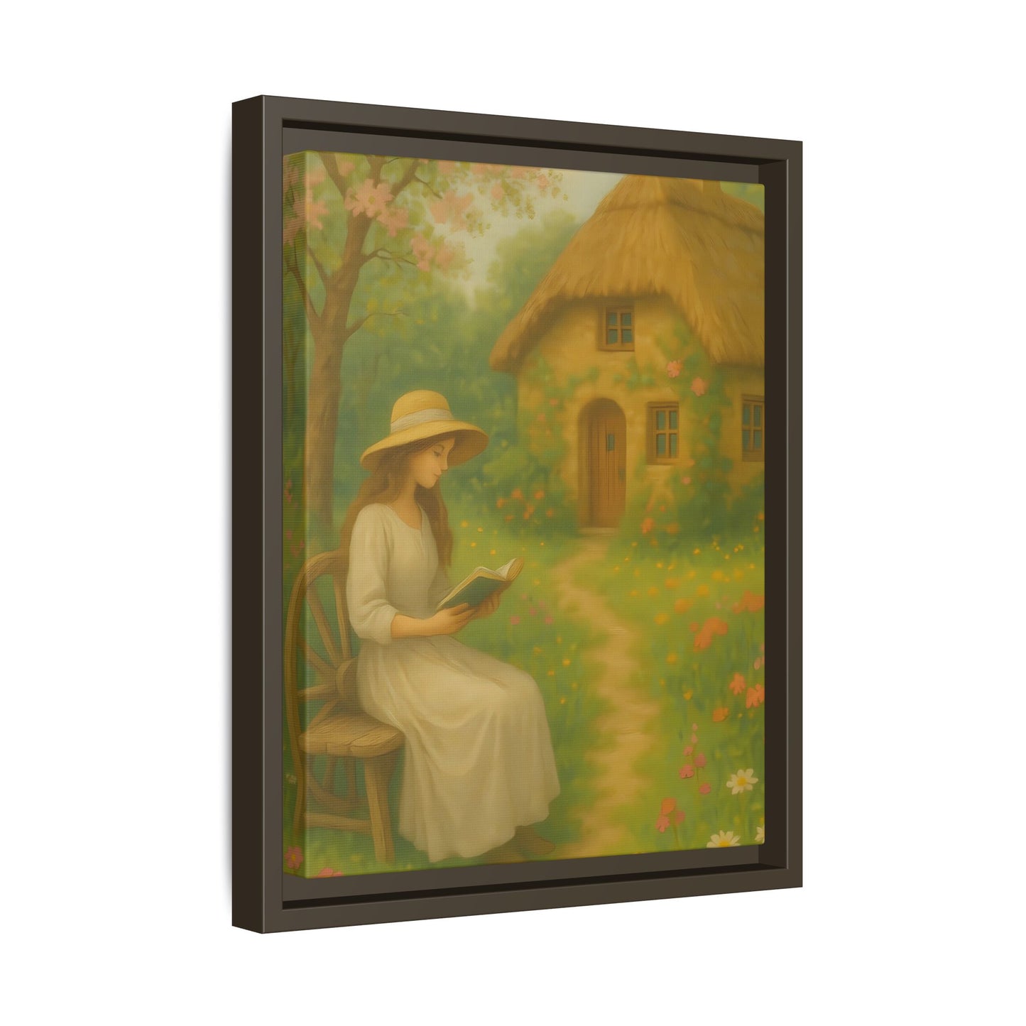 Cottage Garden Reader – Framed Matte Canvas Wall Art of Woman Reading by a Thatched Cottage