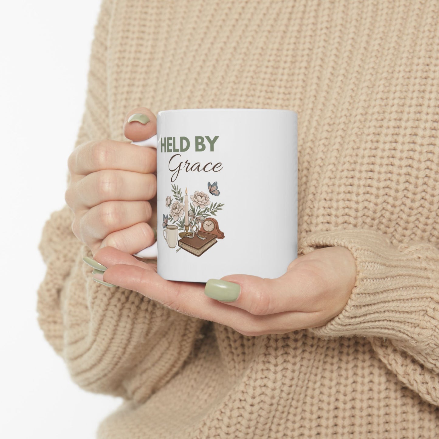 Held by Grace Ceramic Coffee Mug – Christian Inspirational Mug – Floral Bible Study Coffee Cup – Faith Gift for Women – 11oz & 15oz