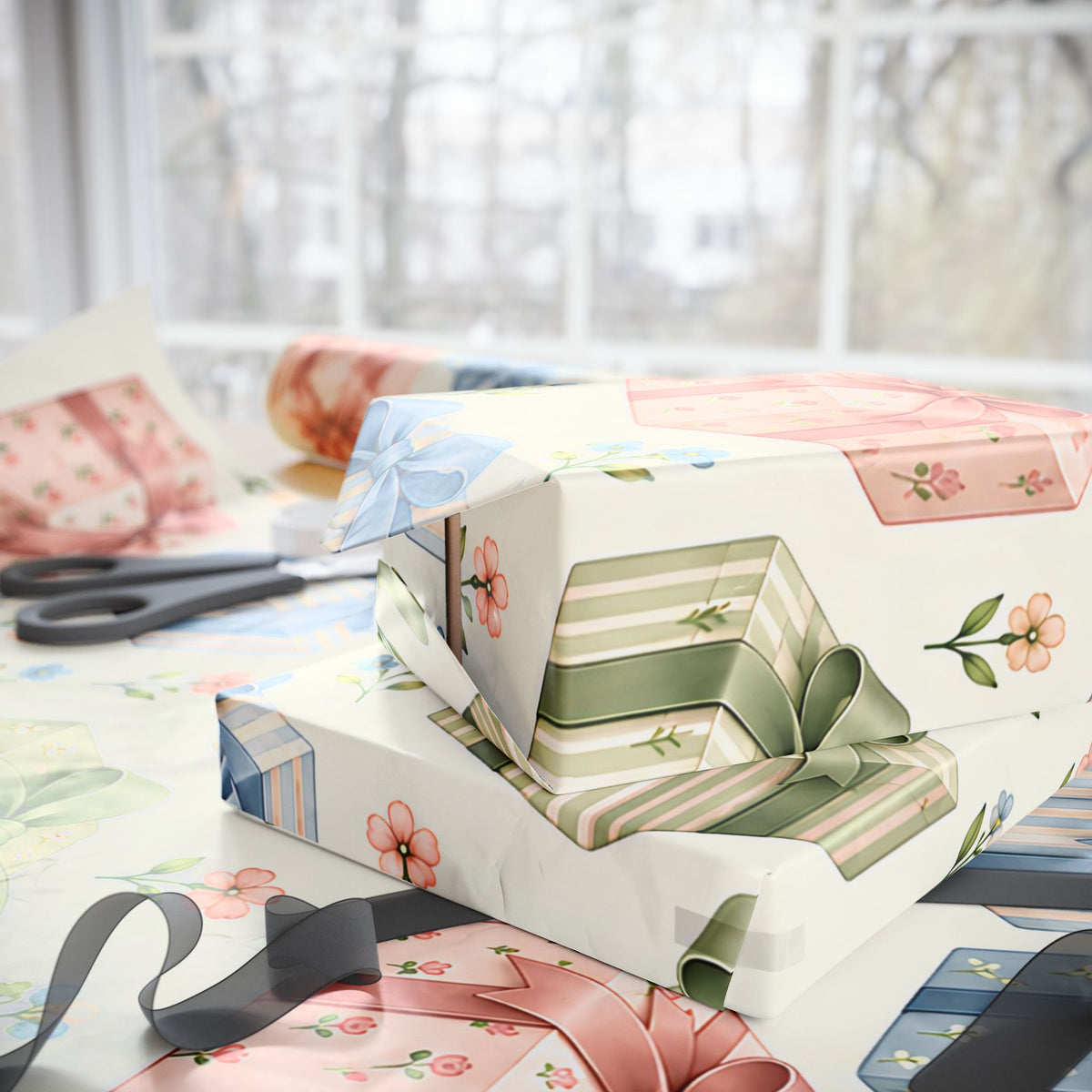 Floral Gift Wrap Roll — Pastel Presents & Bows Wrapping Paper