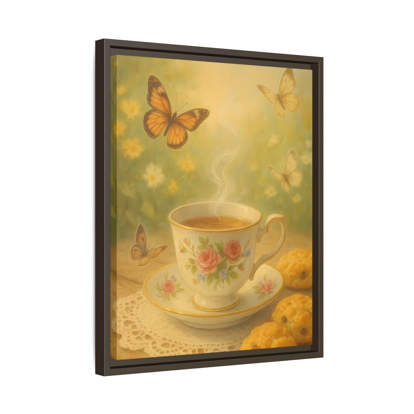 Tea & Butterflies – Framed Matte Canvas of Vintage Teacup and Garden Scene