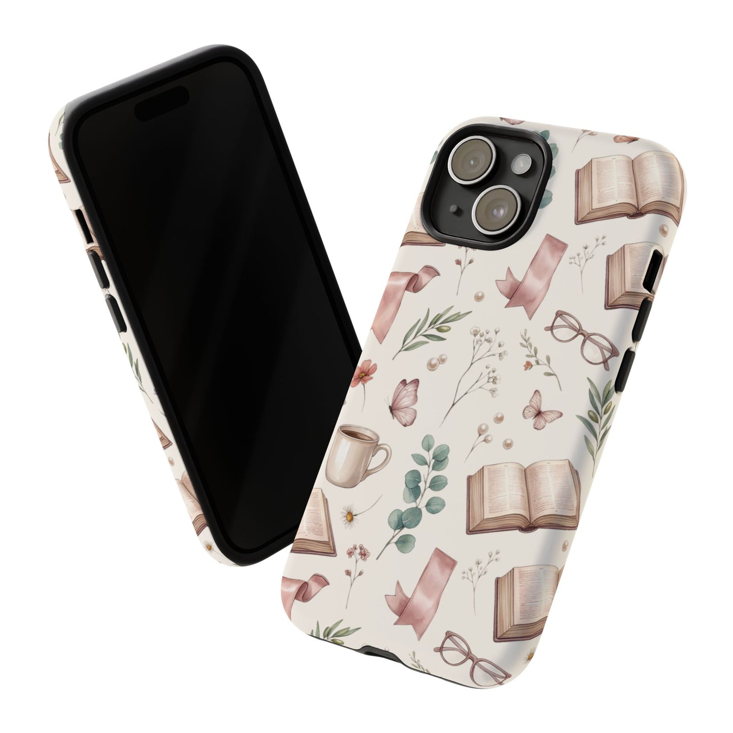 Bookish Floral Phone Case — Cozy Reading Pattern with Open Books, Glasses & Coffee