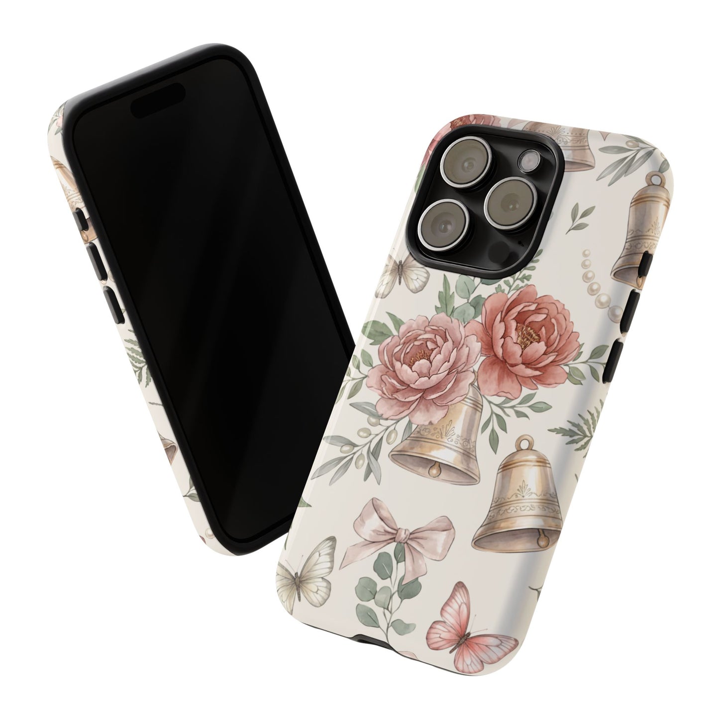 Floral Wedding Bells Phone Case — Vintage Roses, Butterflies & Bow Protective Tough Case