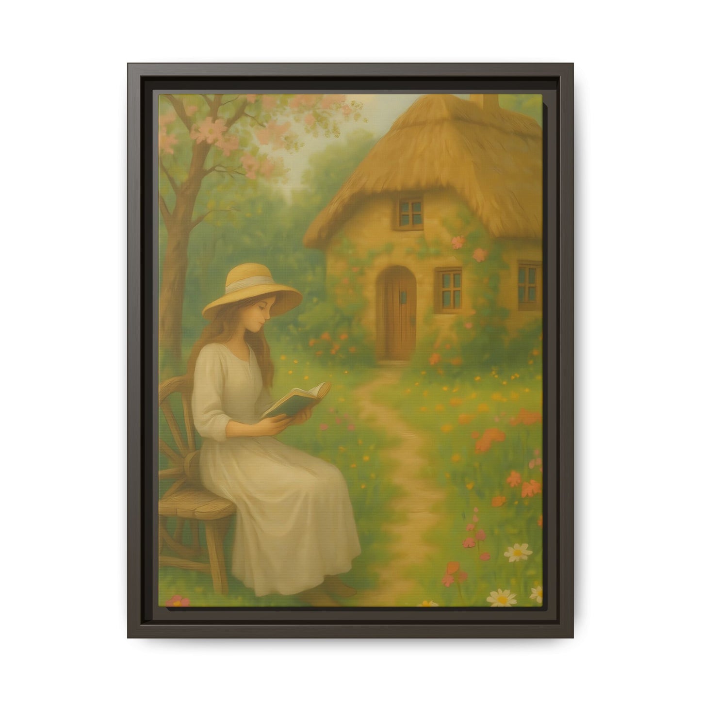 Cottage Garden Reader – Framed Matte Canvas Wall Art of Woman Reading by a Thatched Cottage