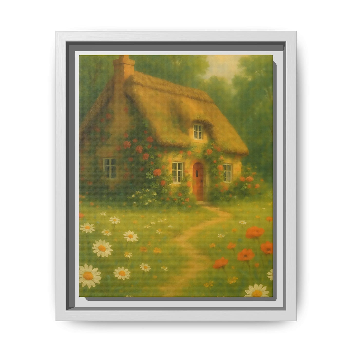 Cottage in Bloom – Framed Matte Canvas Art of Thatched Cottage & Wildflowers
