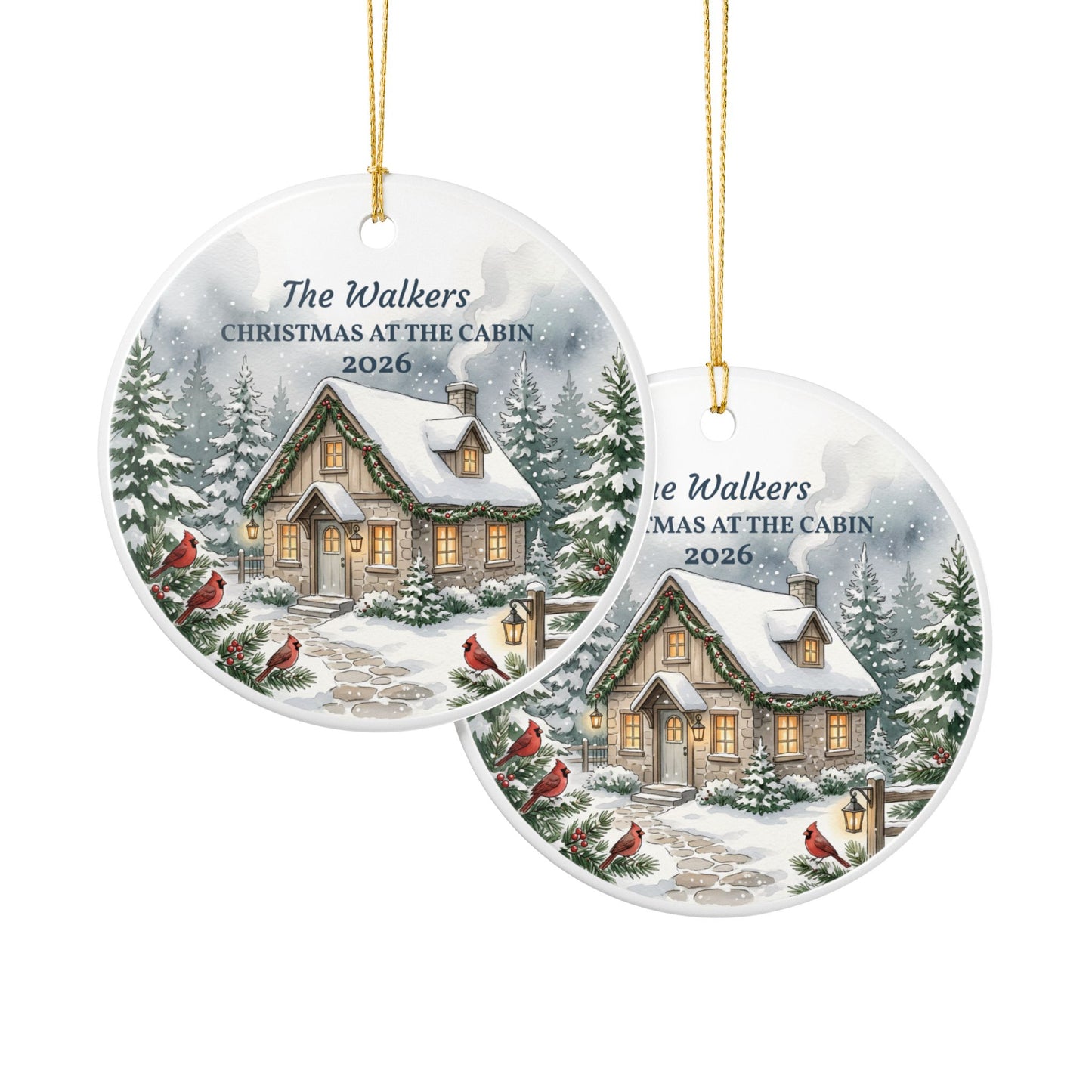 Personalized Ceramic Christmas Ornament – 'Christmas at the Cabin' Snowy Cottage (Custom Name & Year)