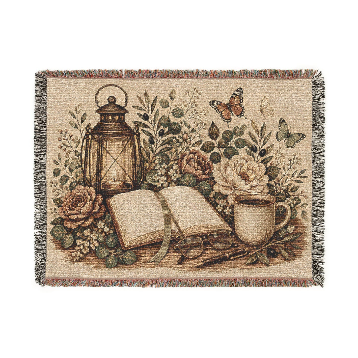 Cozy Reading Woven Throw Blanket — Lantern, Open Book & Floral Tapestry