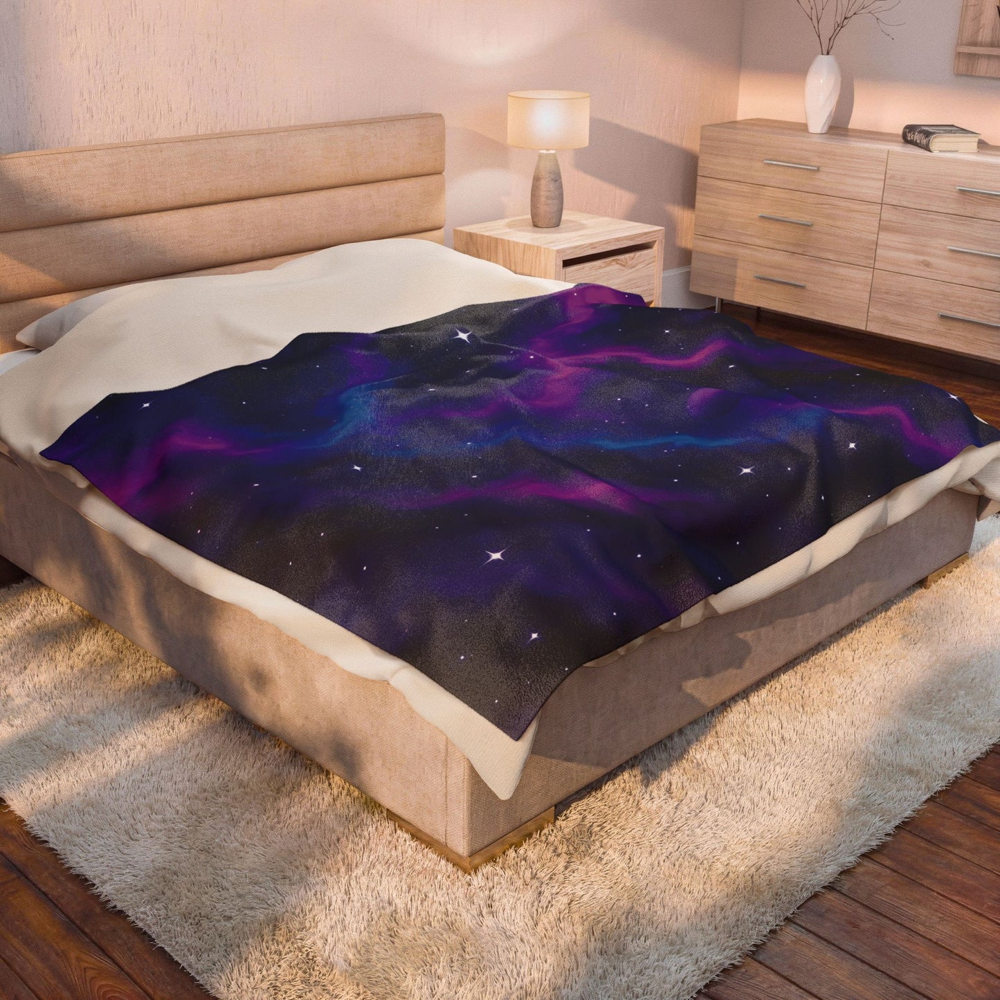 Velveteen Galaxy Plush Blanket – Cosmic Nebula Print in Purple & Blue (Adult Size)
