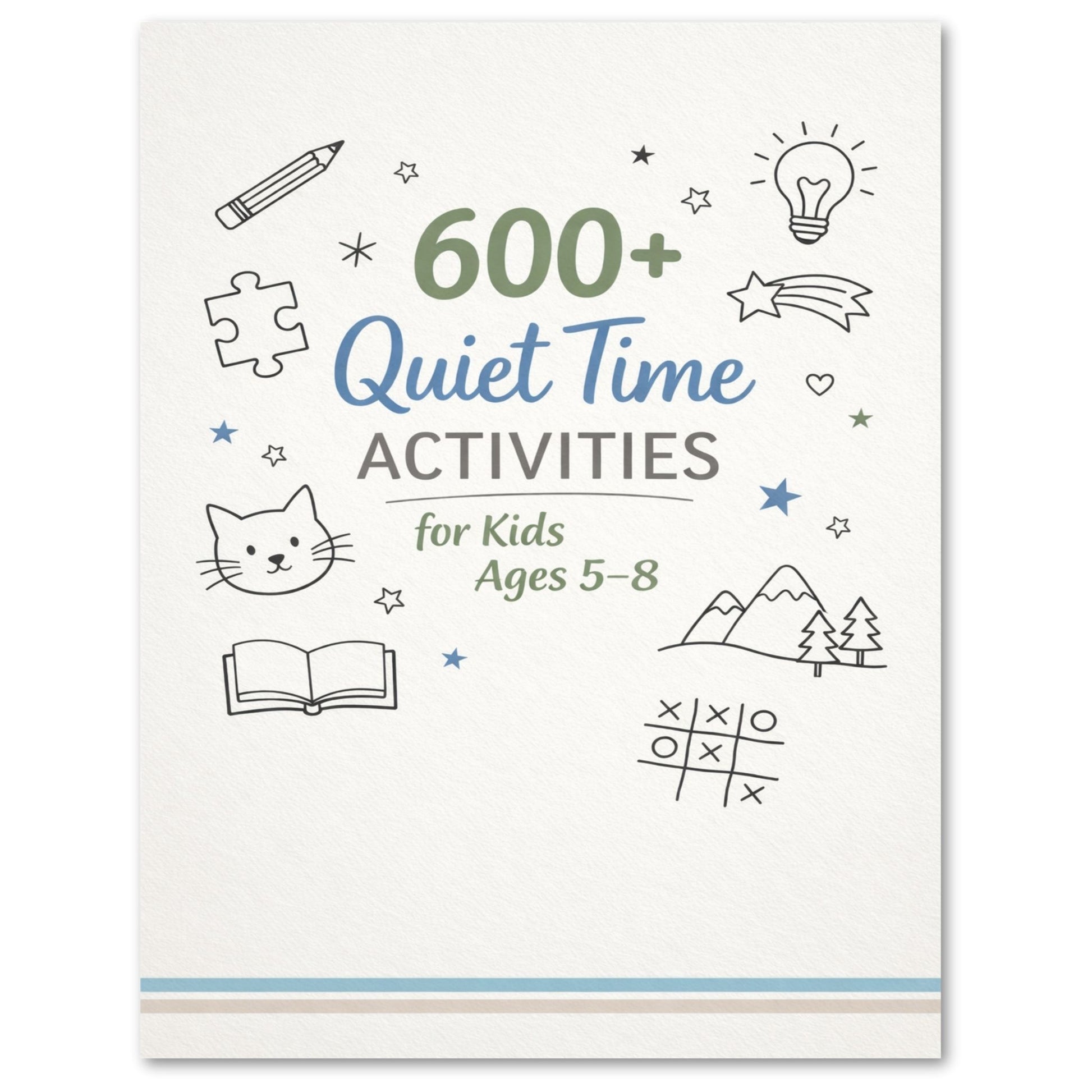 Book cover with text '600+ Quiet Time Activities for Kids Ages 5-8' and various icons on a white background