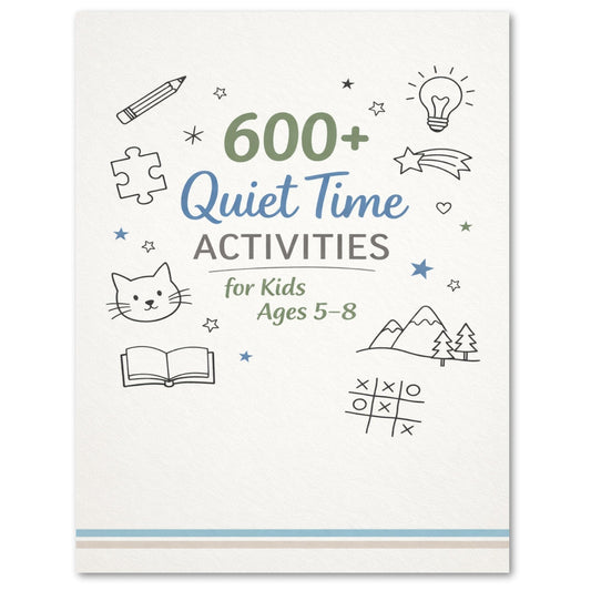 Book cover with text '600+ Quiet Time Activities for Kids Ages 5-8' and various icons on a white background