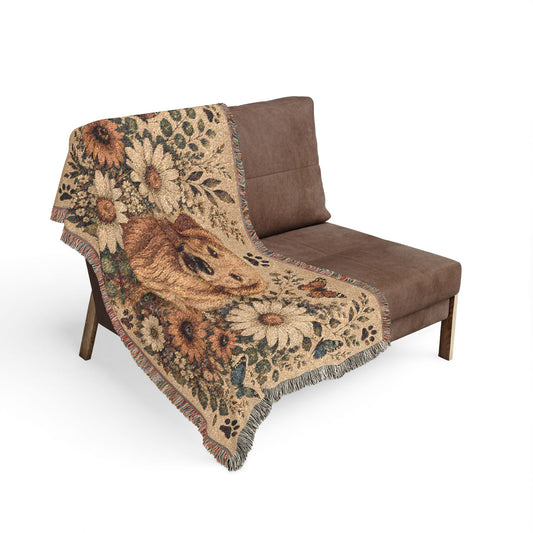 Golden Retriever Floral Woven Blanket — Cozy Throw with Daisies & Butterflies