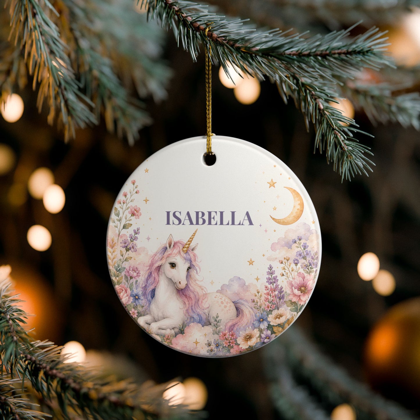 Personalized Unicorn Ornament — Ceramic Name Decoration (Isabella)