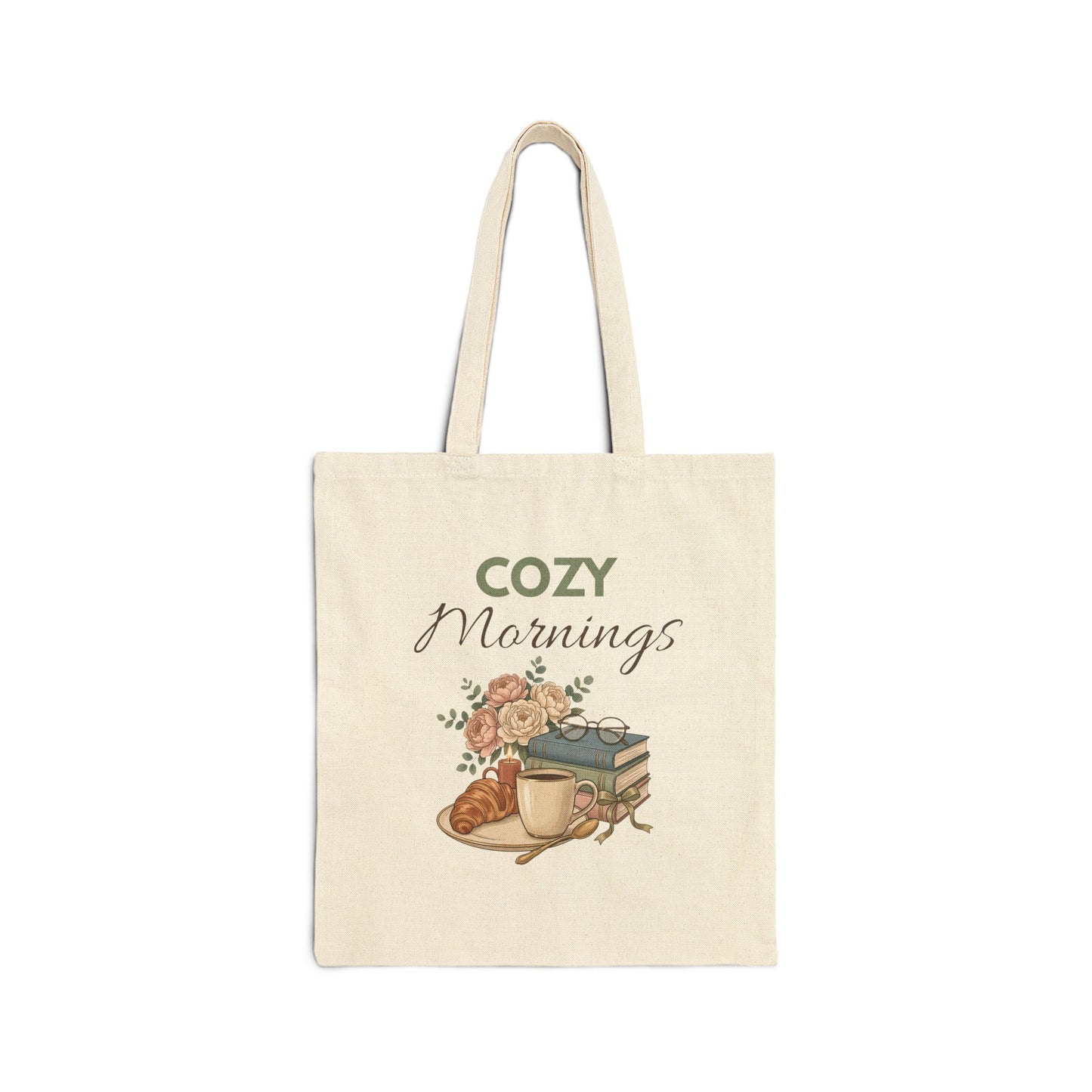 Tote Bag — “Cozy Mornings” Floral Coffee & Books Canvas Tote