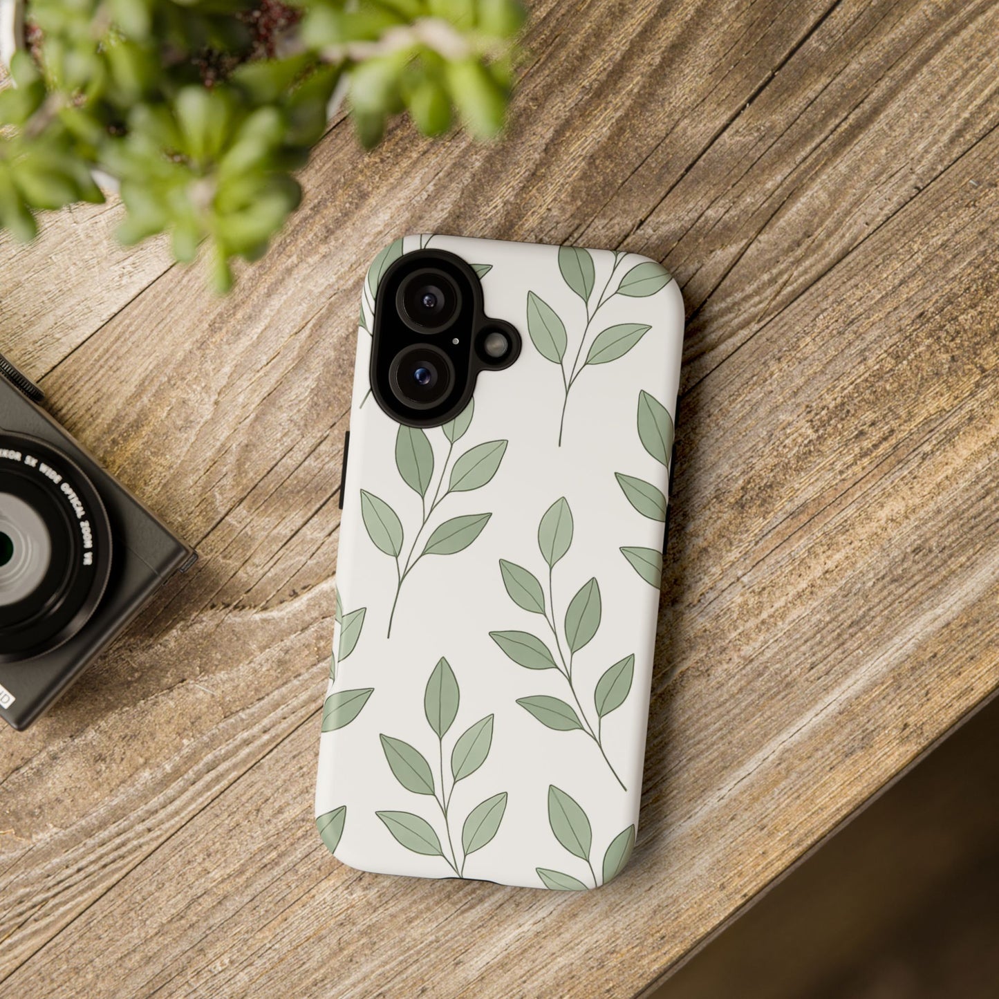 Minimalist Green Leaf Phone Case – Elegant Botanical Pattern on White