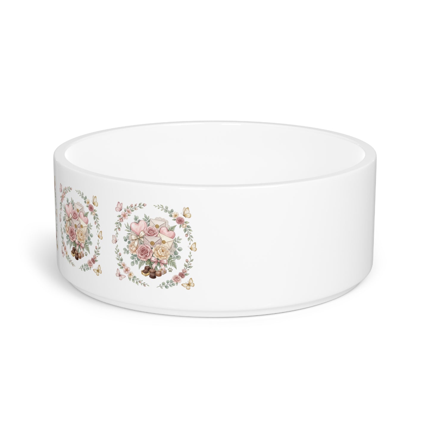 Floral Wreath Pet Bowl — Ceramic Dog Food Dish with Vintage Rose Design