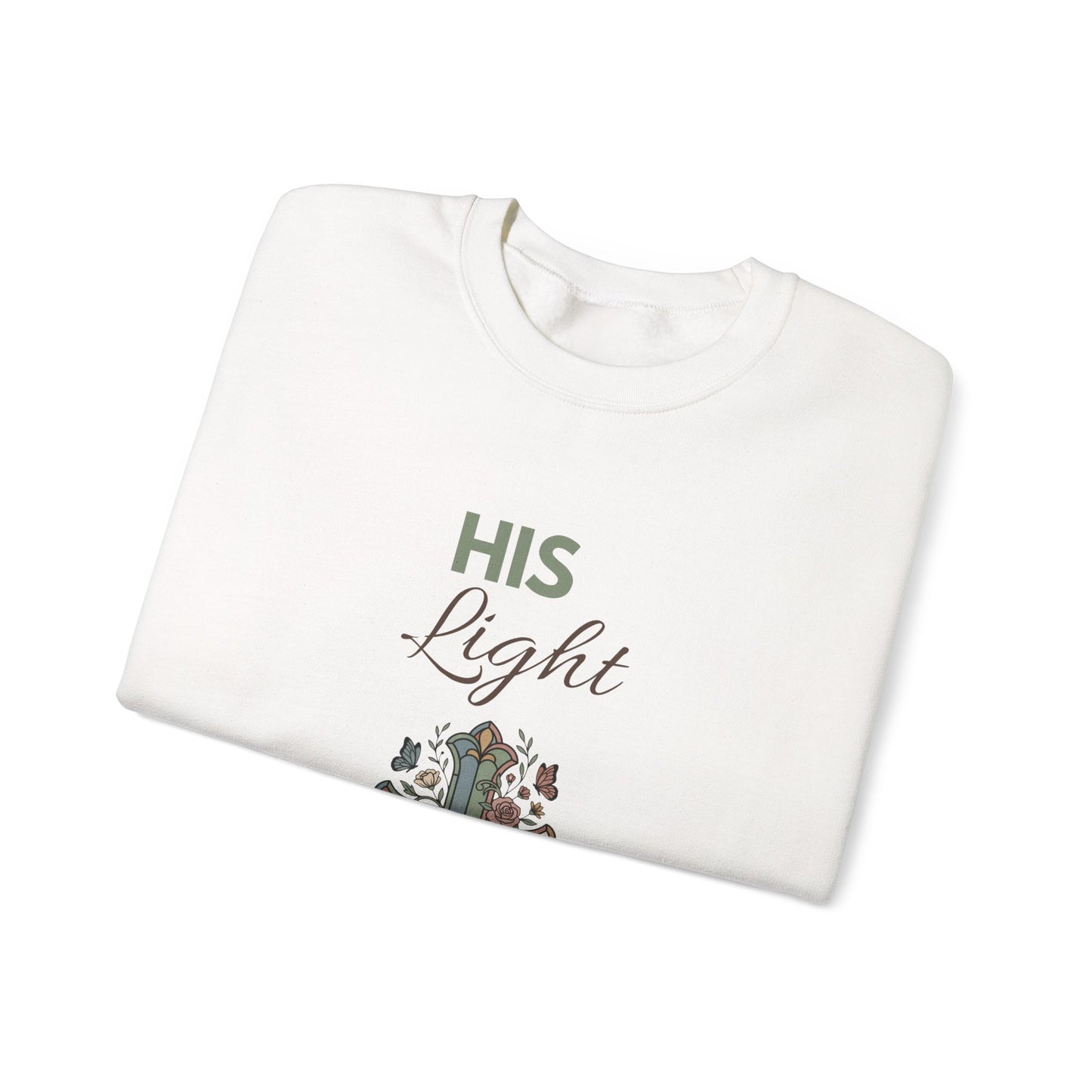 His Light Crewneck Sweatshirt — Floral Cross Christian Graphic Sweatshirt