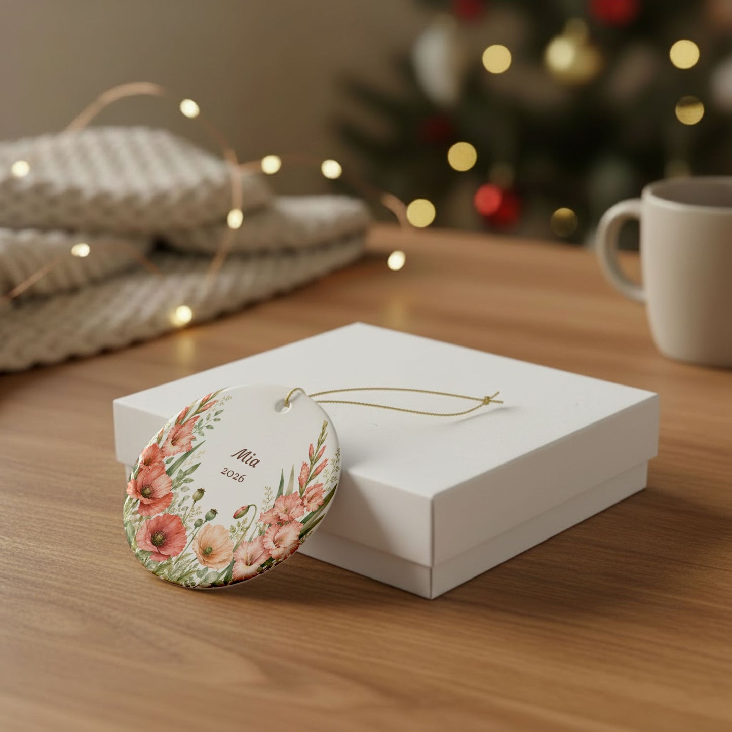 Floral Name & Year Ceramic Ornament — Personalized "Mia 2026"