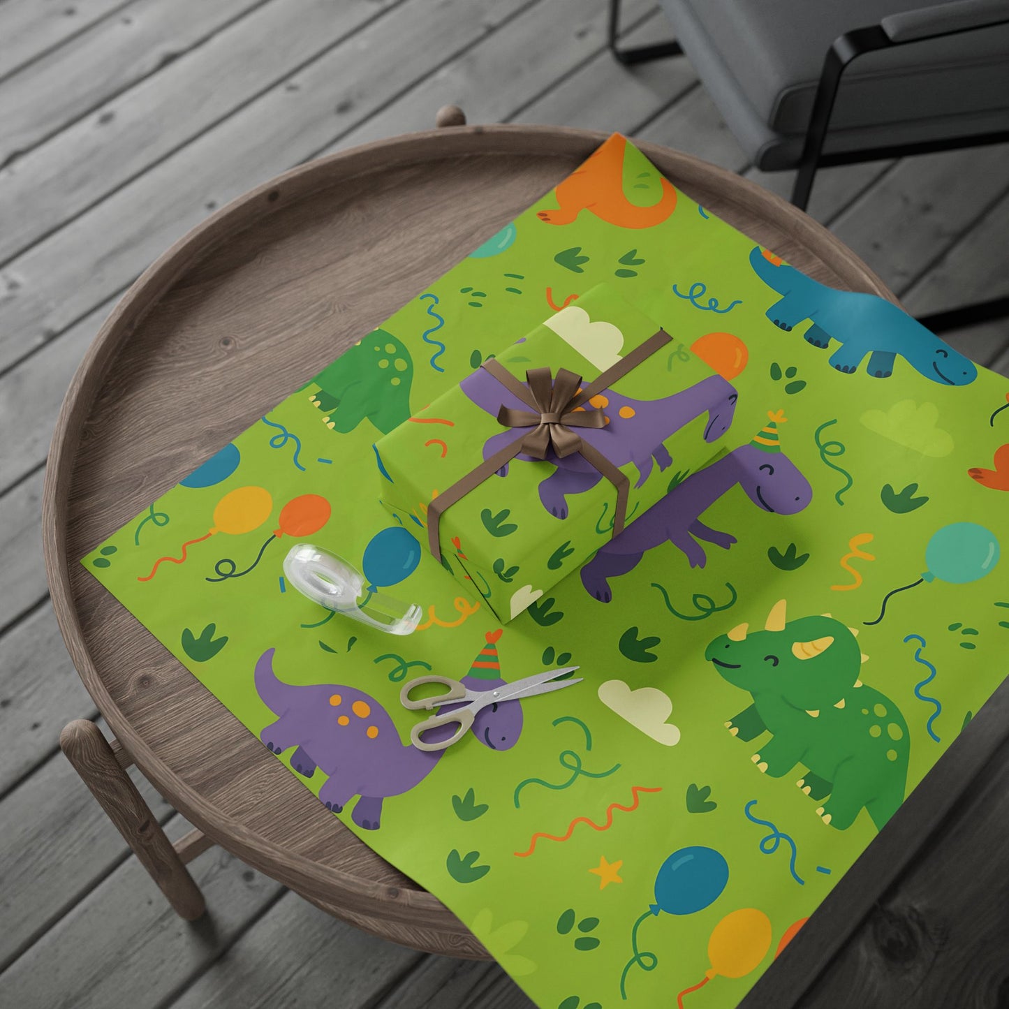 Dinosaur Party Wrapping Paper – Colorful Dinos with Balloons & Hats on Green