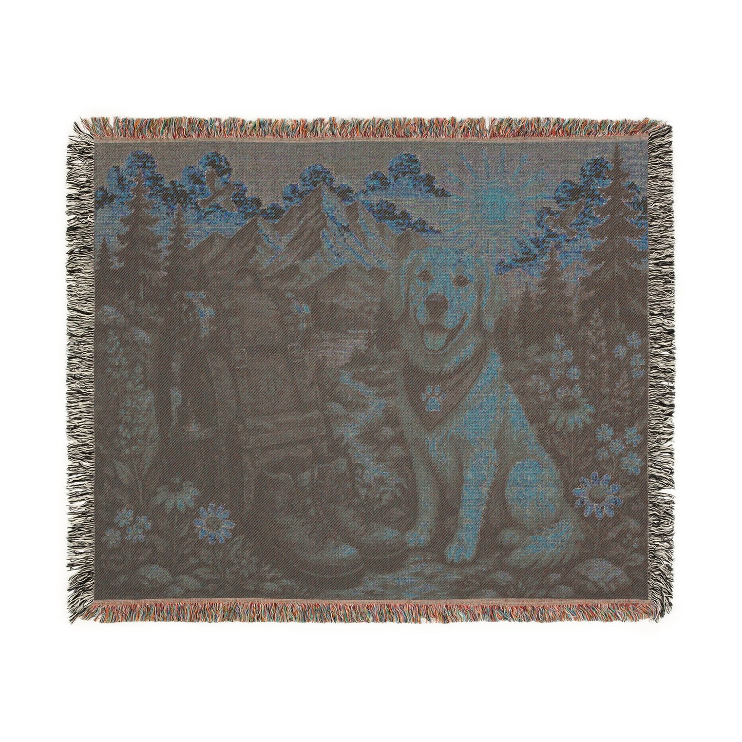Golden Retriever Cabin Woven Blanket — Rustic Mountain Dog Throw