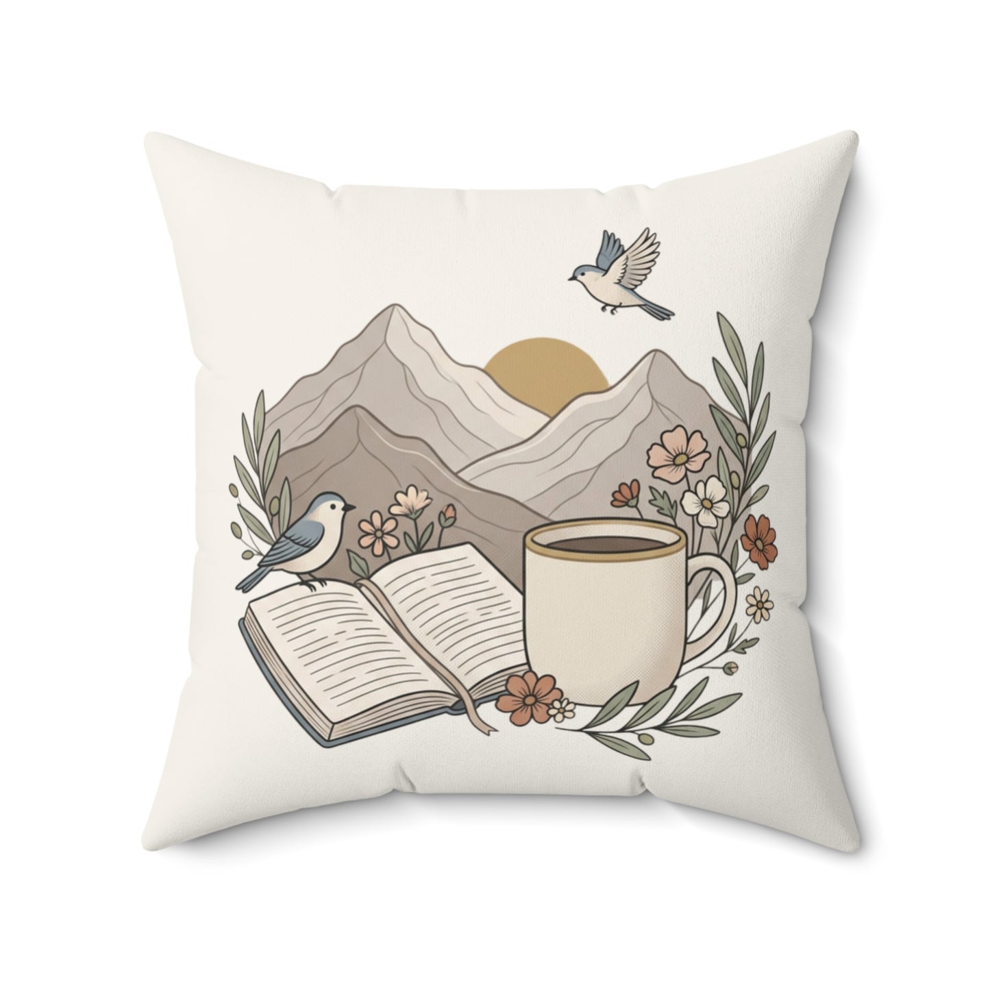 Cozy Book & Coffee Throw Pillow — Mountain Floral Reading Accent