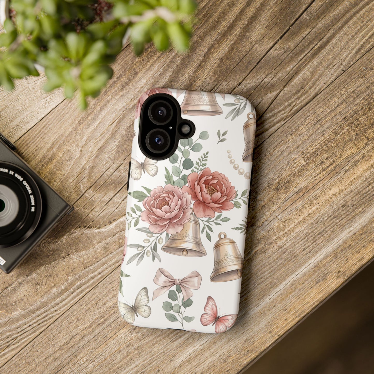 Floral Wedding Bells Phone Case — Vintage Roses, Butterflies & Bow Protective Tough Case