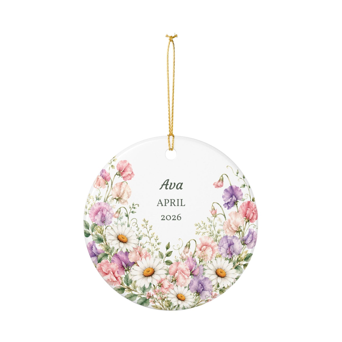 Personalized Floral Ceramic Ornament — Custom Name & Year (Daisies & Pastel Bouquet)