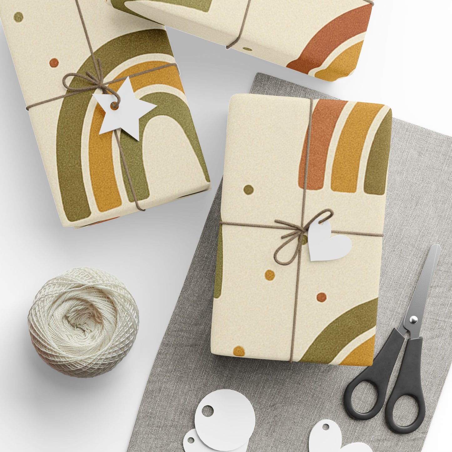 Boho Rainbow Wrapping Paper – Earth Tone Arches & Dots on Neutral Background