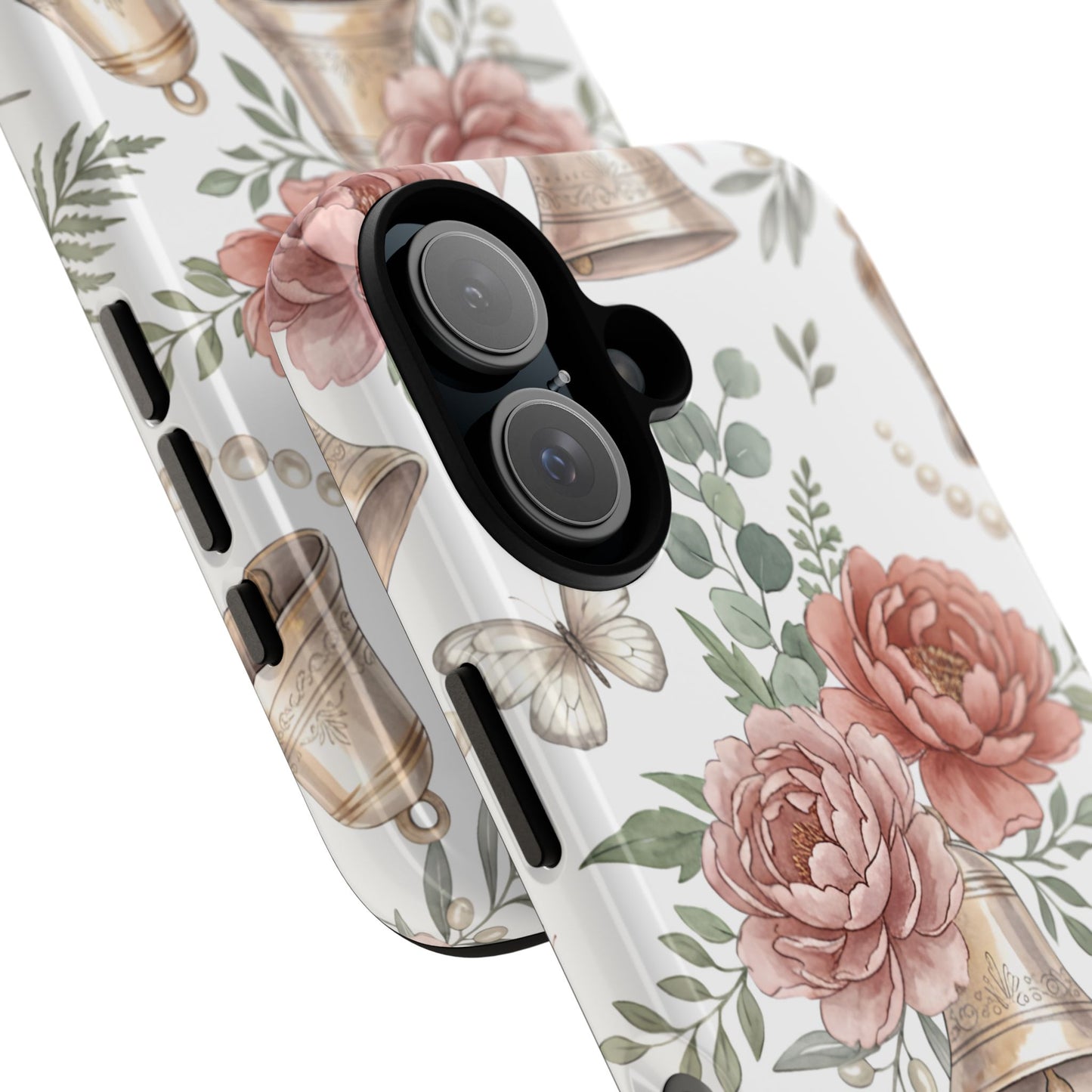Floral Wedding Bells Phone Case — Vintage Roses, Butterflies & Bow Protective Tough Case