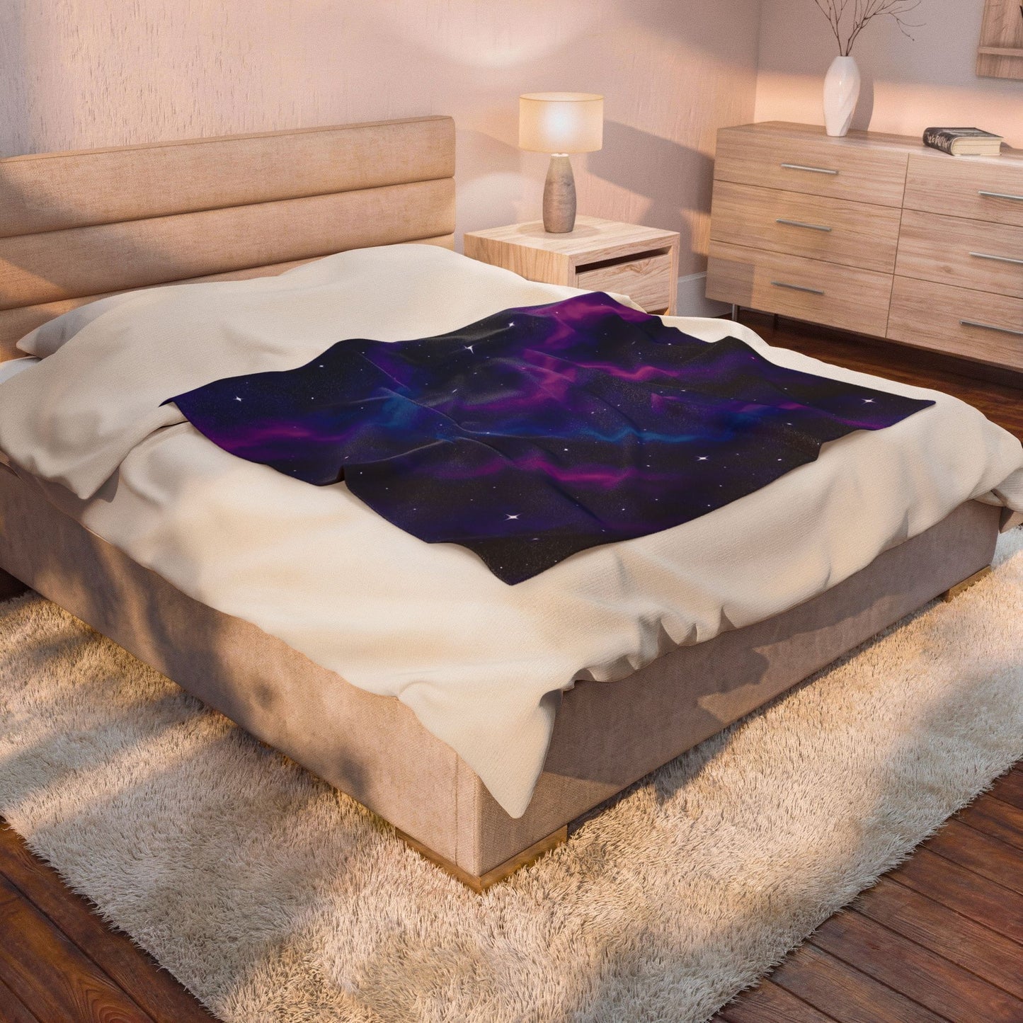 Velveteen Galaxy Plush Blanket – Cosmic Nebula Print in Purple & Blue (Adult Size)