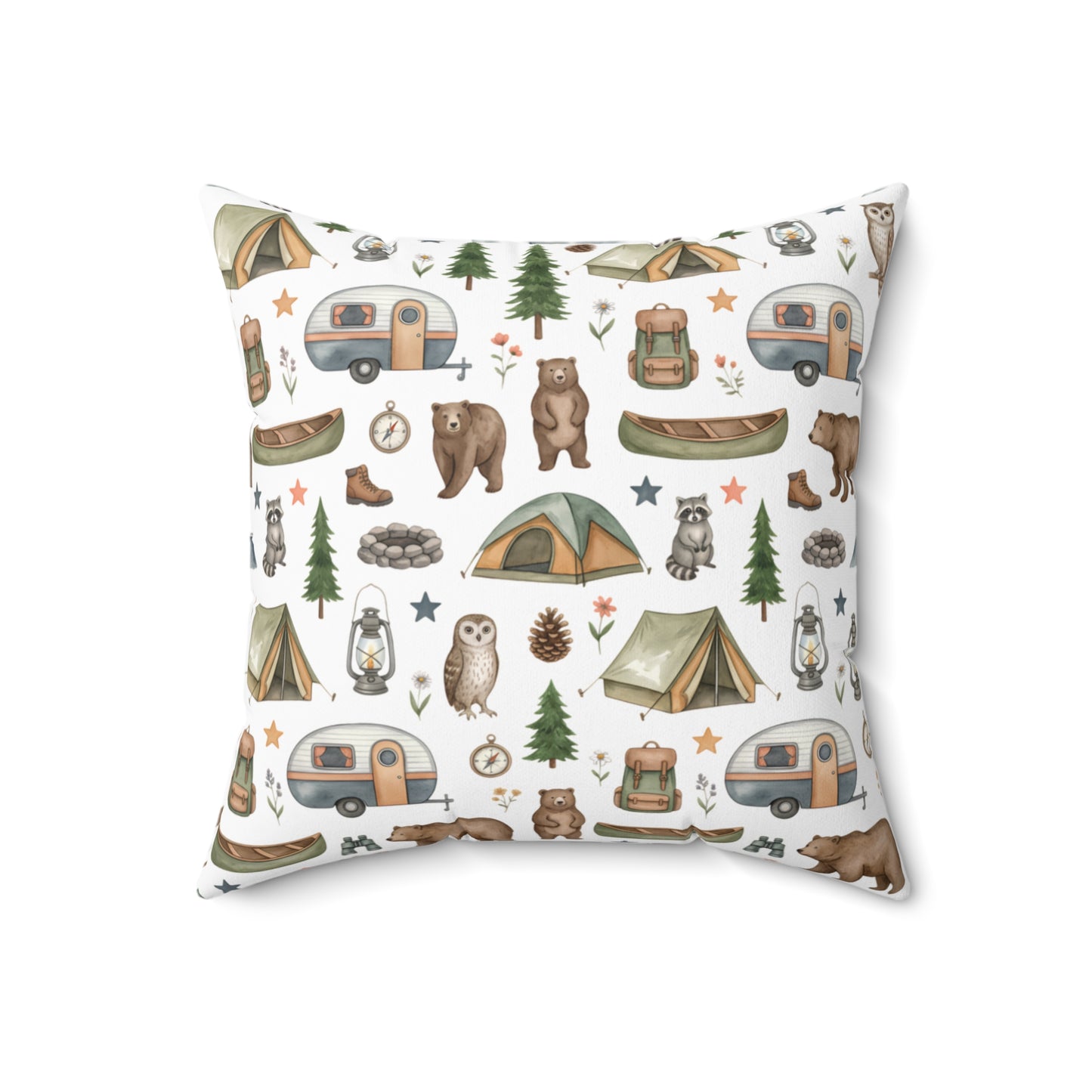 Camping Pattern Square Pillow — Bear, Tent & Camper Decorative Throw Pillow
