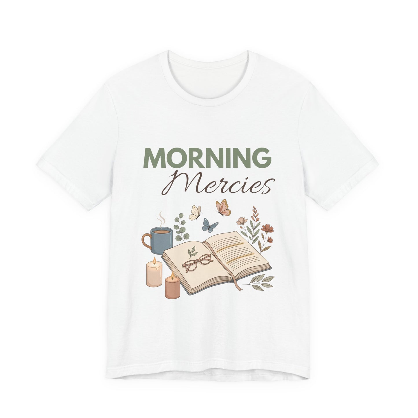 White t-shirt with 'Morning Mercies' text and illustrations on a white background